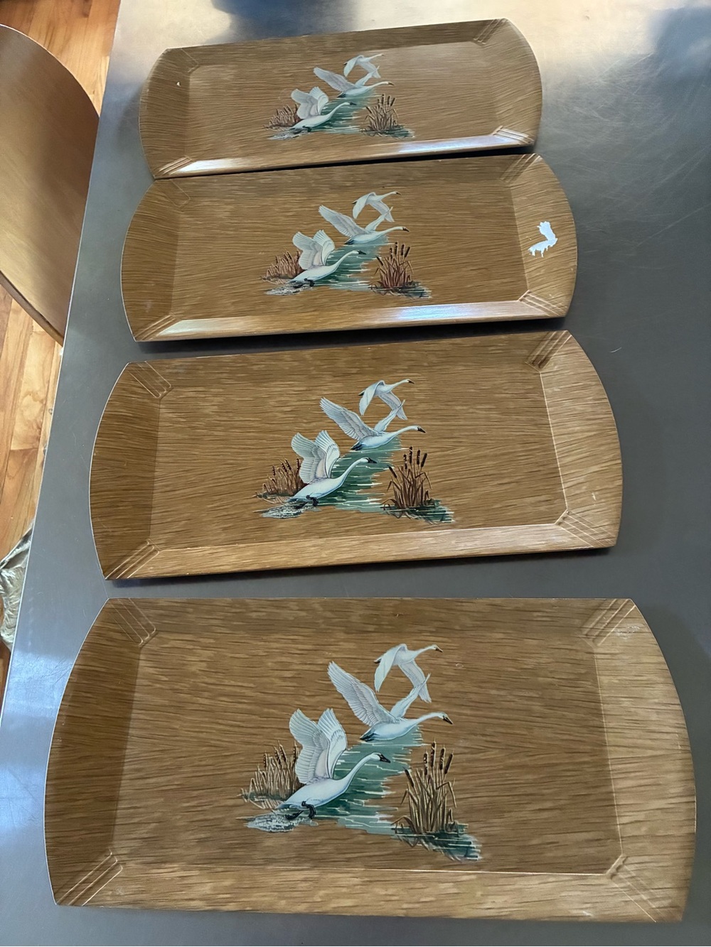 Coronet GEESE Trays SET /4 PLUS ONE FREE Flower Tray Retro 70s Wood Veneer Tray